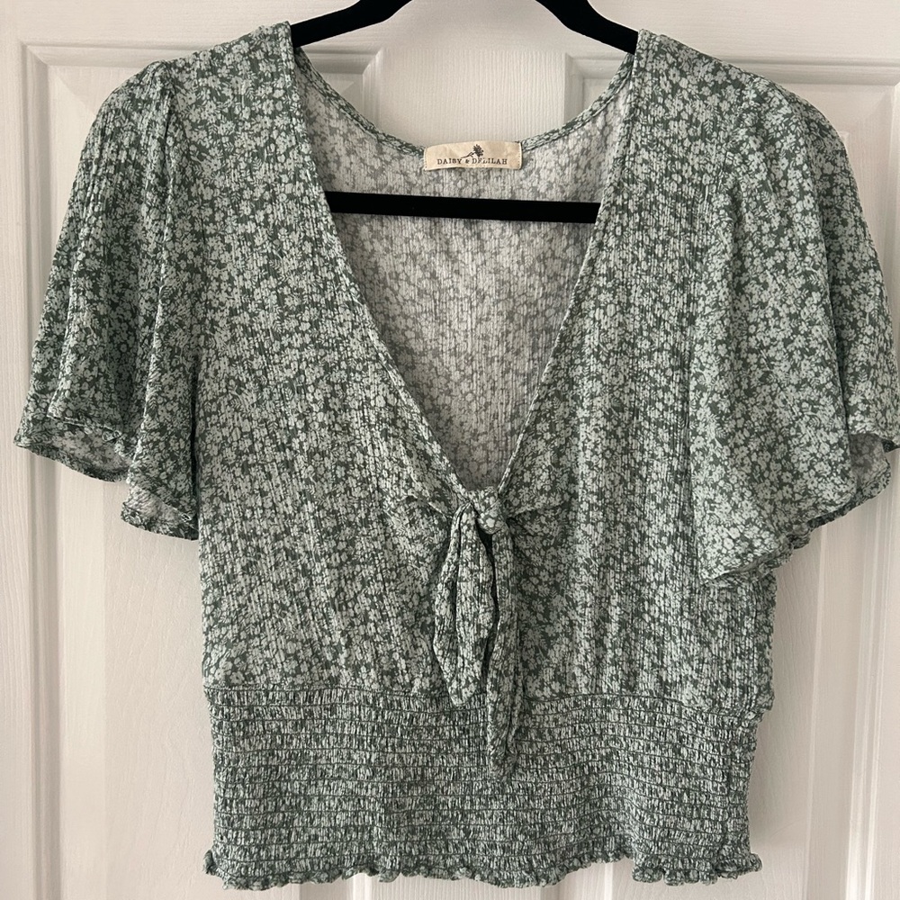 Sage green and white flower blouse